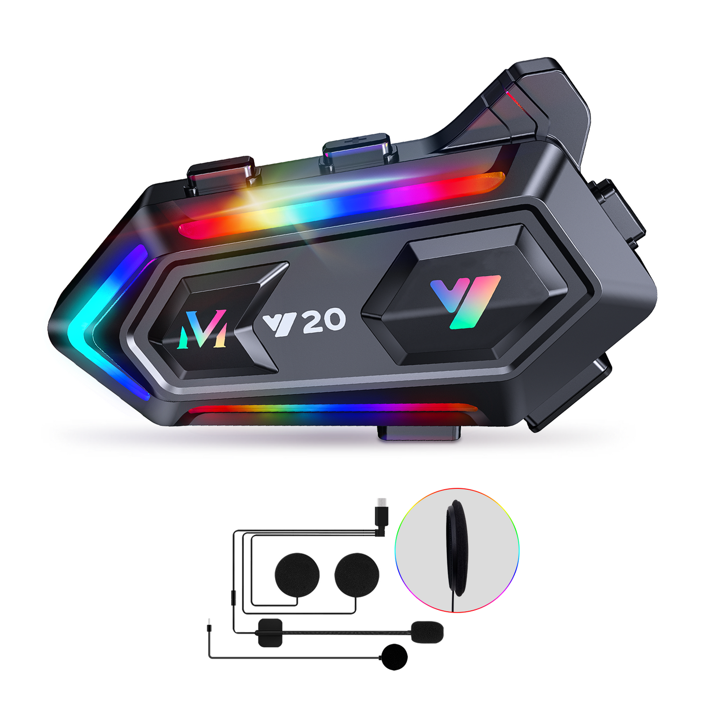 Motorcycle Helmet Bluetooth Headset, Cool RGB Dazzling Lights Motorbike Helmet Speaker Double Noise Cancellation Intercom Communication Systems with IPX6 Waterproof/Strong Bass for Dirt Bike