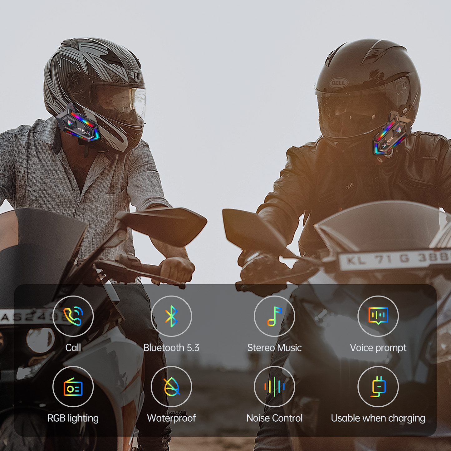 Motorcycle Helmet Bluetooth Headset, Cool RGB Dazzling Lights Motorbike Helmet Speaker Double Noise Cancellation Intercom Communication Systems with IPX6 Waterproof/Strong Bass for Dirt Bike