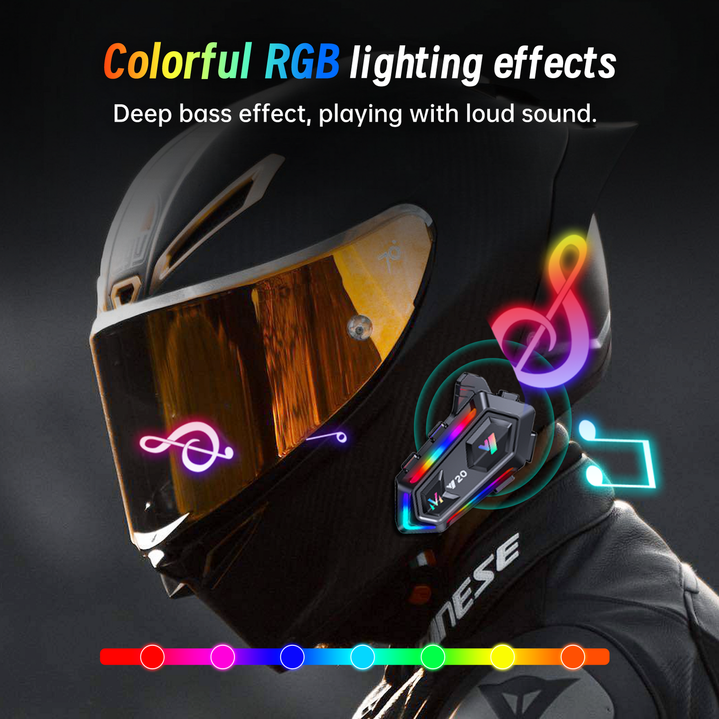 Motorcycle Helmet Bluetooth Headset, Cool RGB Dazzling Lights Motorbike Helmet Speaker Double Noise Cancellation Intercom Communication Systems with IPX6 Waterproof/Strong Bass for Dirt Bike
