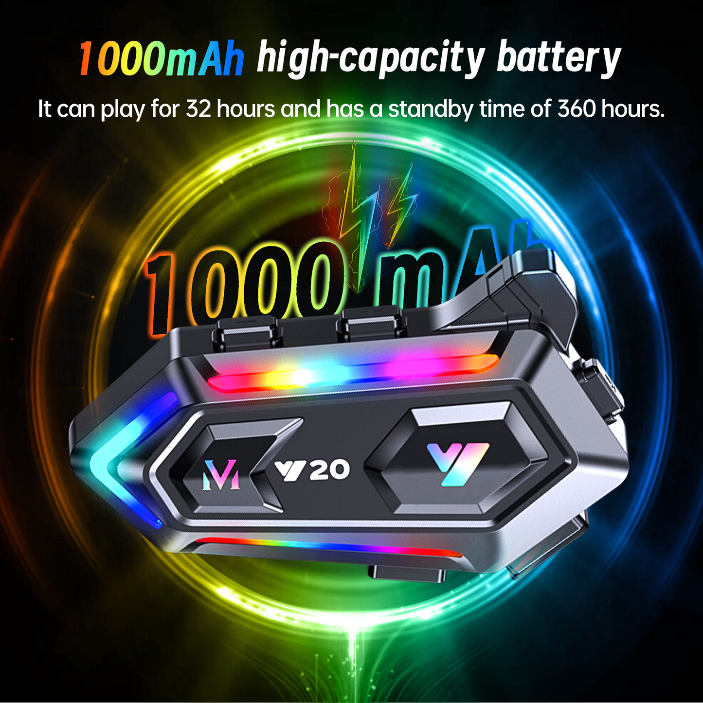 Motorcycle Helmet Bluetooth Headset, Cool RGB Dazzling Lights Motorbike Helmet Speaker Double Noise Cancellation Intercom Communication Systems with IPX6 Waterproof/Strong Bass for Dirt Bike