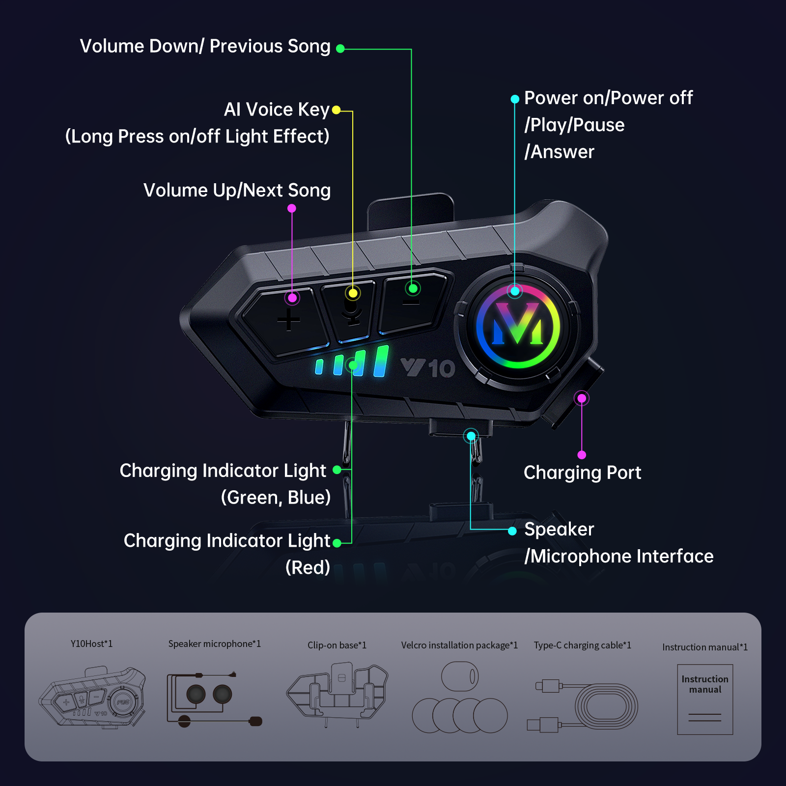 Motorcycle Bluetooth Headset Speaker Skiing Earphone Waterproof Y10